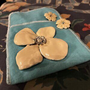 Erwin Pearl Large Ivory Enameled Flower Brooch + matching clip-on earrings